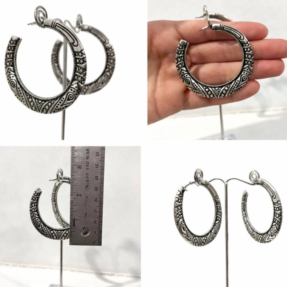 Haida Style Artisan Silver Hoop Earrings Engraved Tribal Boho Statement